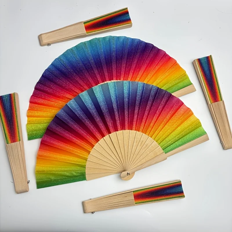 23cm Glitter Fabric Wooden Portable Folding Fan, Spanish Style Sparkly Handheld Fan for Flamenco Dance, Wedding Party Cosplay