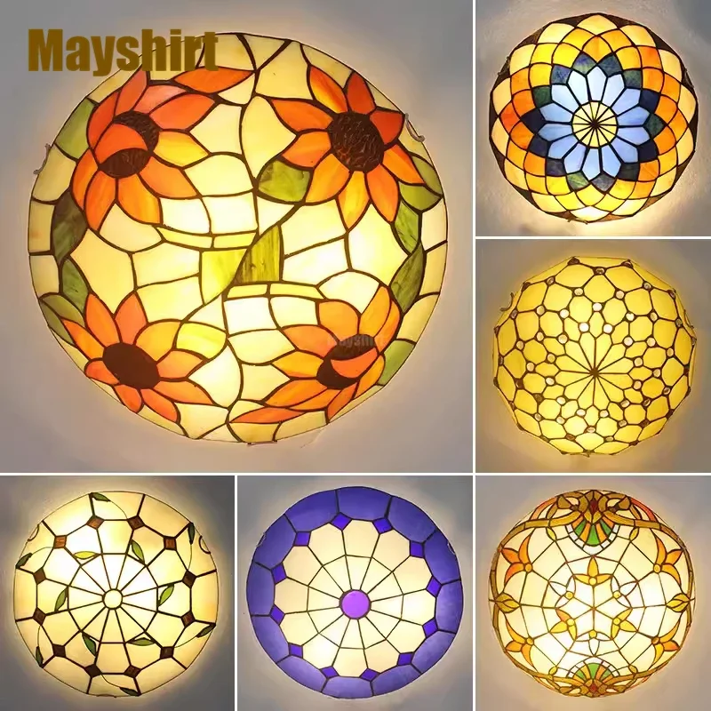 Tiffany Ceiling Lights Vintage Mediterranean Baroque Ceiling Lighting Retro Stained Glass Hanging Lamp Living Room Stairs Decor