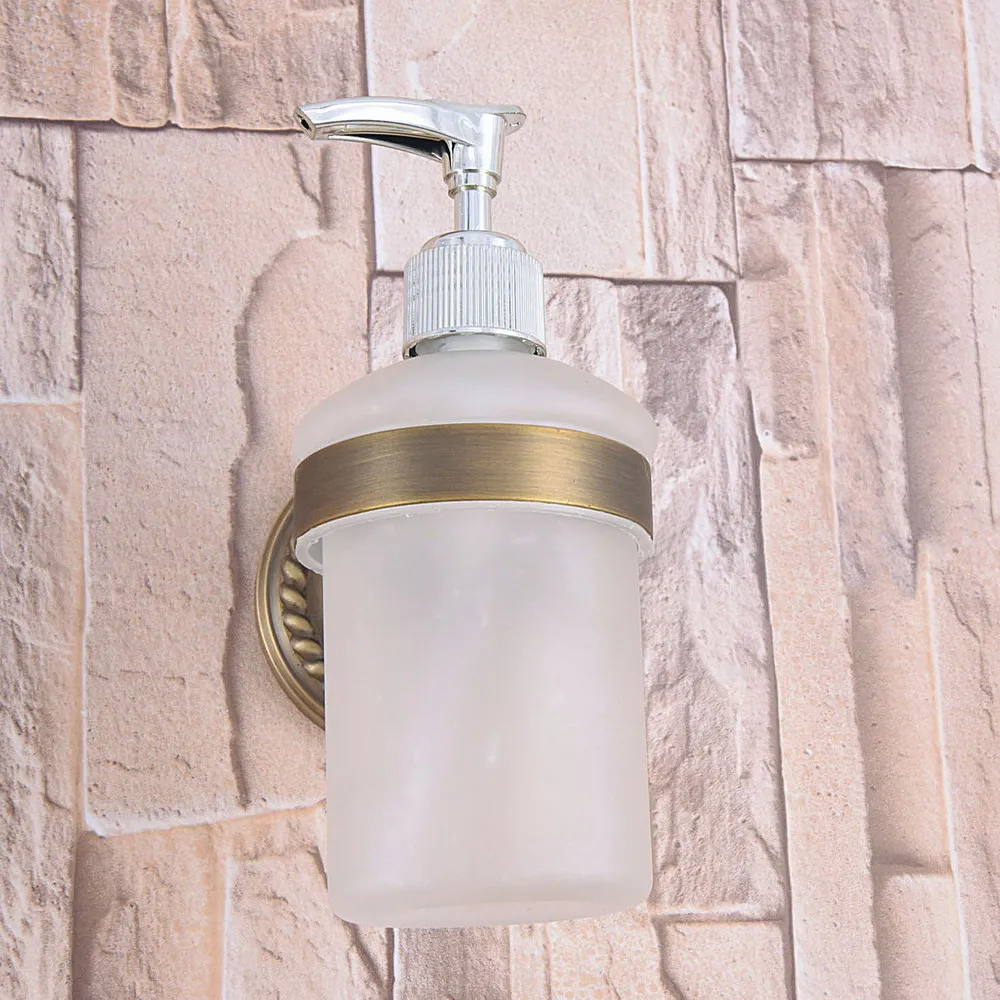 Imagem -02 - Antique Brass Casa de Banho e Cozinha Garrafa de Vidro Fixado na Parede Dispensador de Sabão Líquido Dispensadores de Sabão Titular Rack Zba262