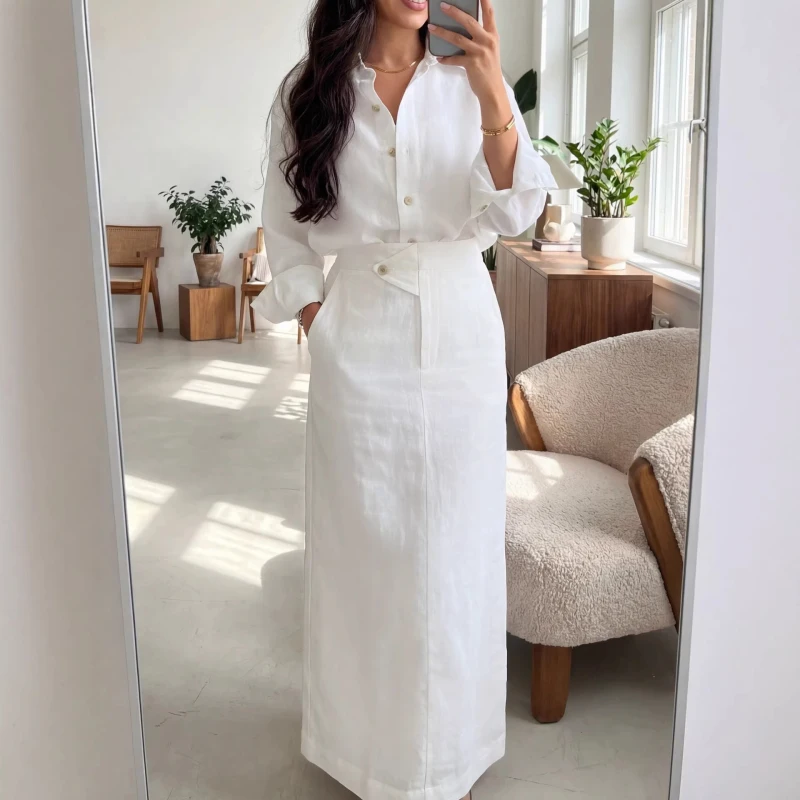 

2026 Spring Chic Button Down Long Sleeve Shirt Maxi Skirt Women Two Piece Set High Waist Loose Fit Minimalist Vacation Outfit