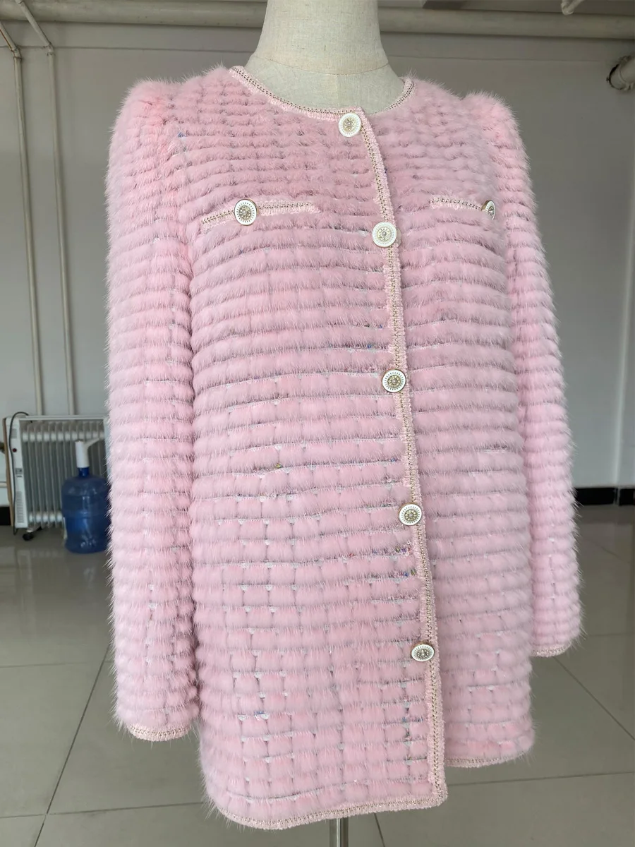 HDHOHR 2025 New Real Mink Fur Coats Women Natural Kintted Mink Coats Leather Collar Fur Jackets Winter Warm Fur Coats For Female