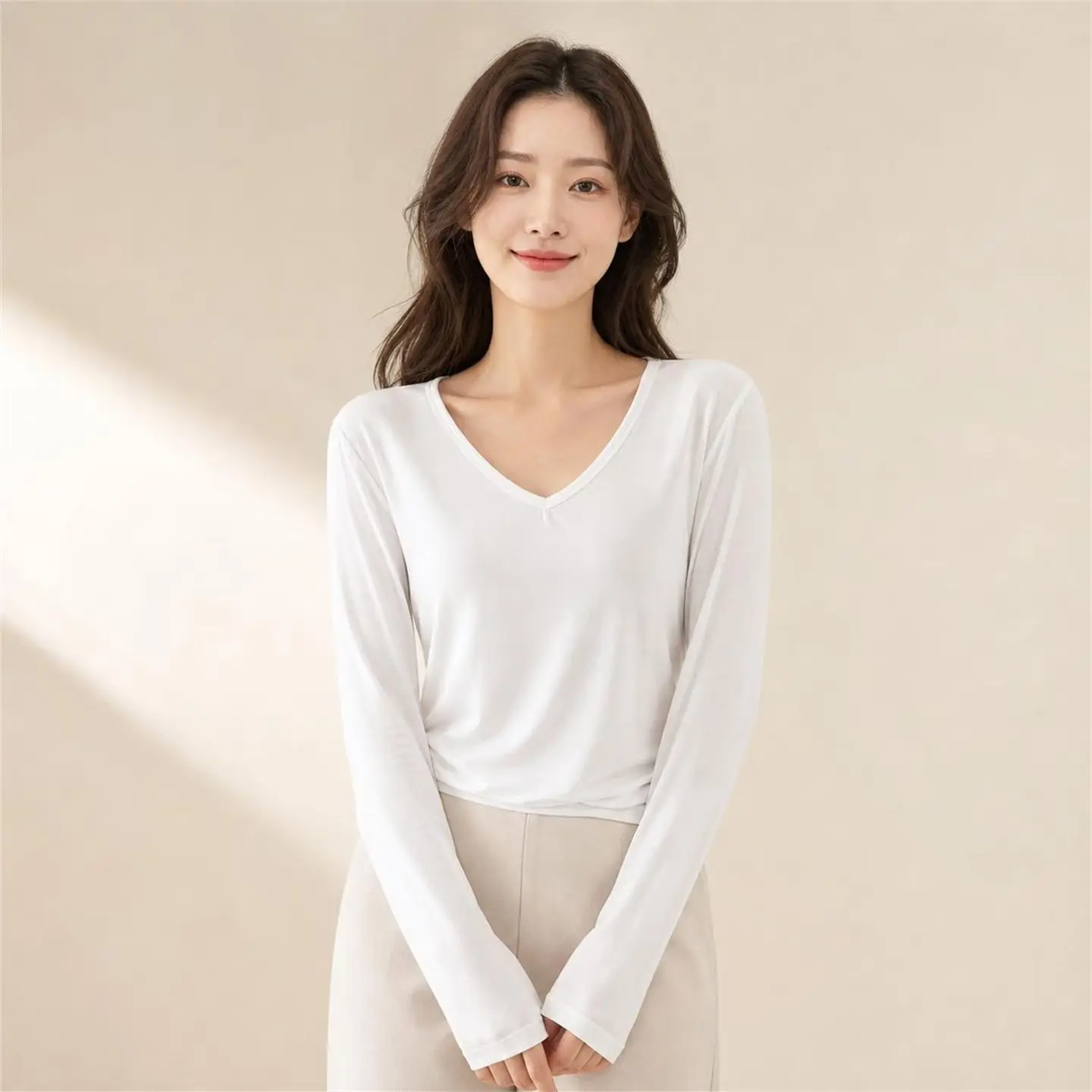Loose Long Sleeve V-Neck Modal Base Shirt Women's Autumn Winter New Style Casual Loose Fit Pure Color Thin T-Shirt Underwear