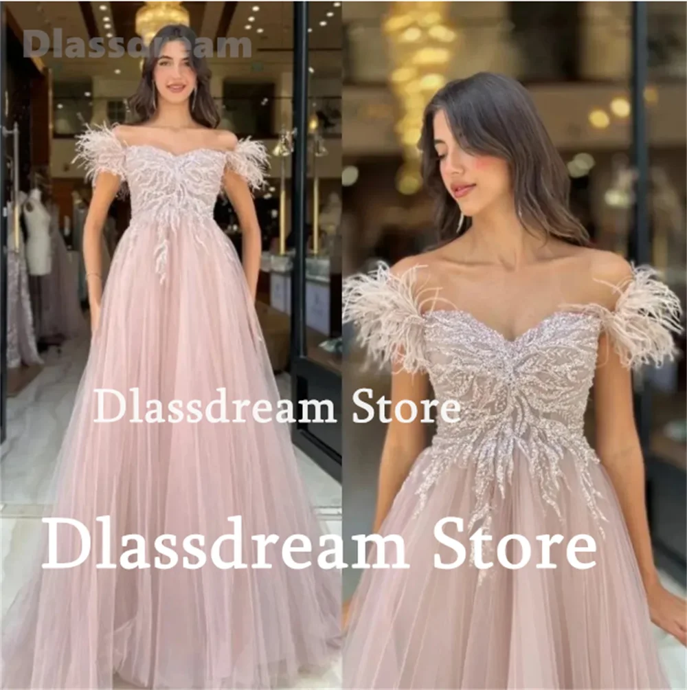 Vestido de Baile Linha A Tule até o chão, Gola Sweethear, Apliques de Penas, Beading, Vestido de Noite Formal, Rosa, Novo