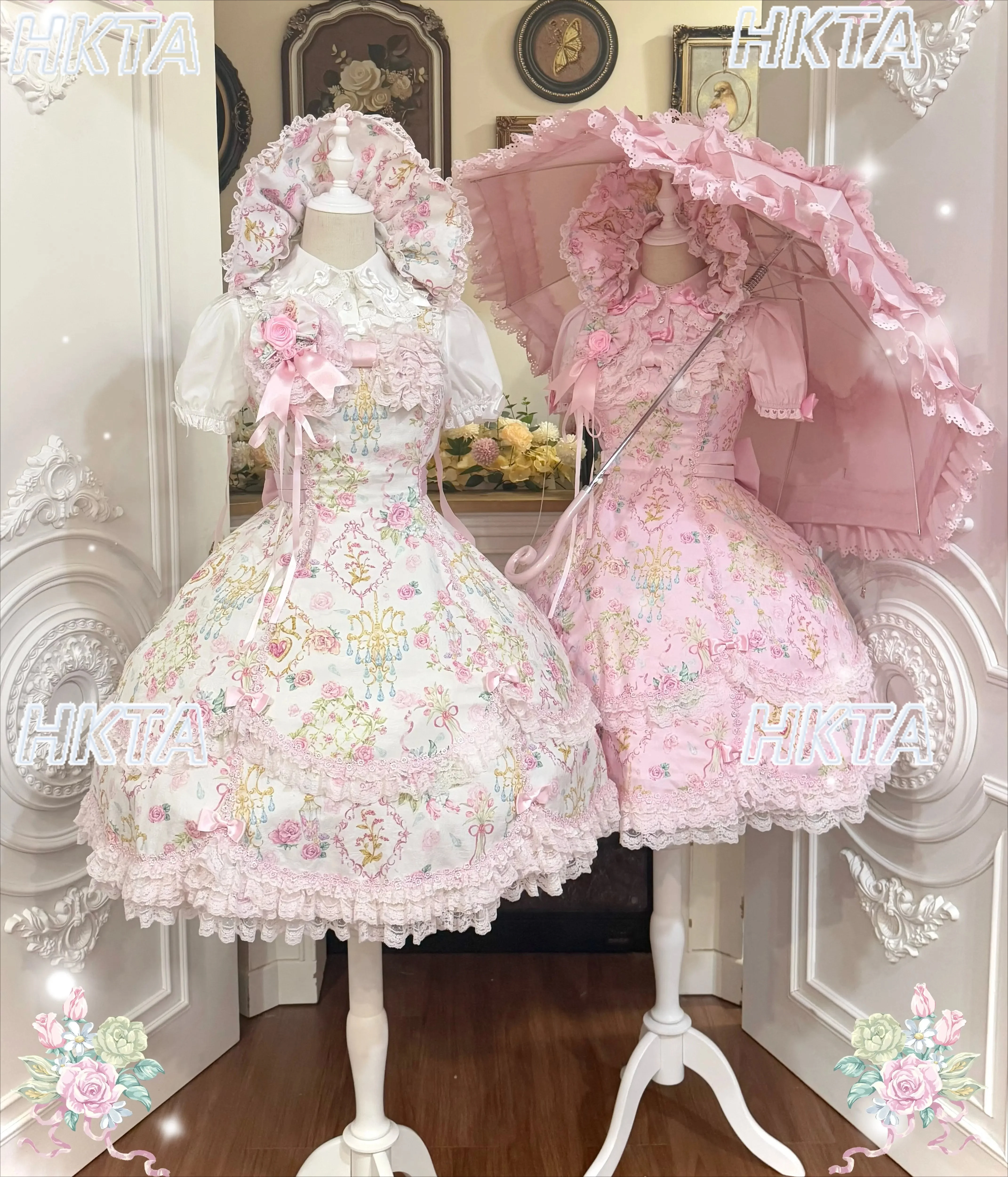 Sweet Lace Bow Pearl Square Neck Flower Wedding Print Slim Sling Lolita Dress Jsk Bubble Short Sleeve Shirt Top Girl Accessories