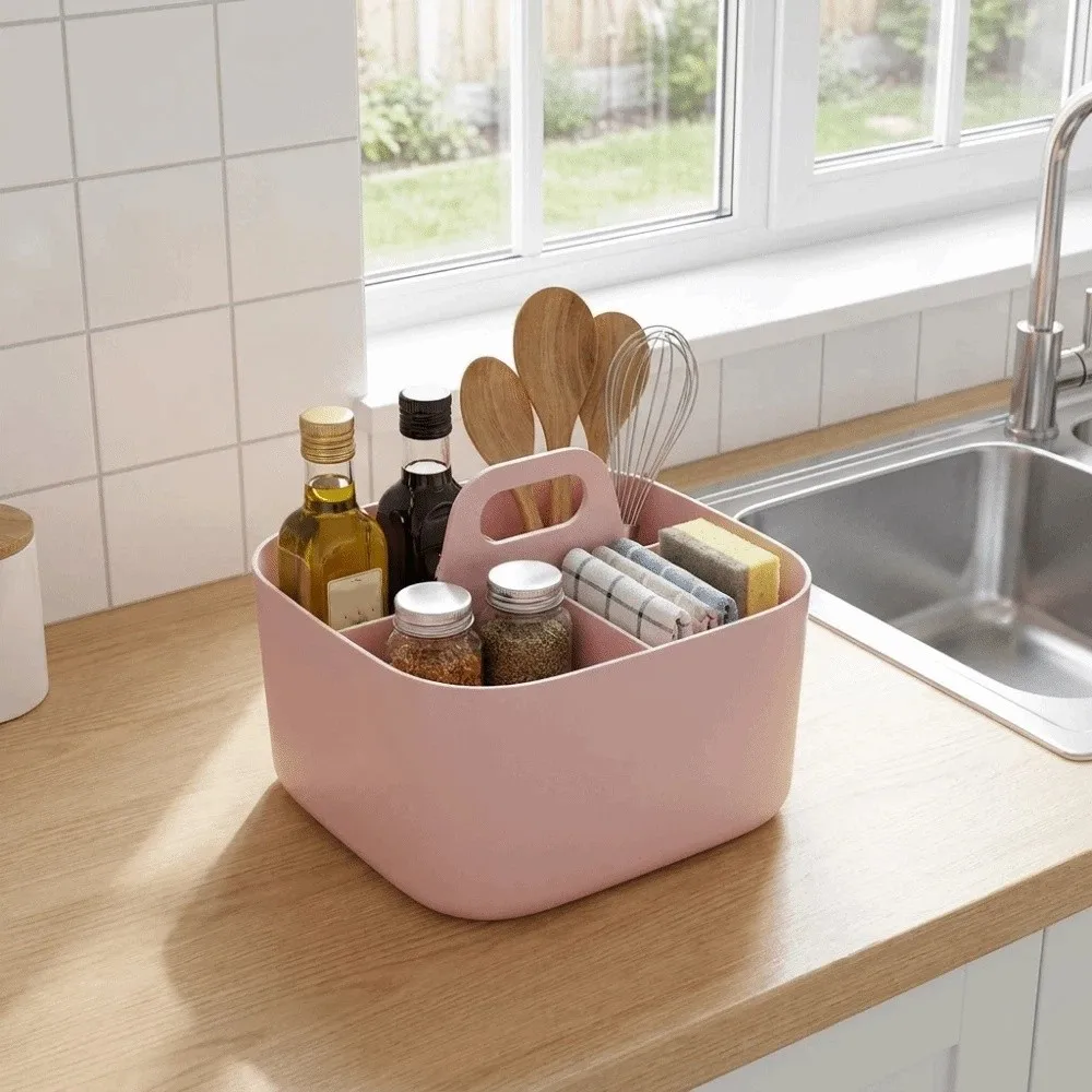 Organisateur de cosmétiques en plastique avec poignée, panier de rangement de bureau à compartiments, organiseur de stylos multi-compartiments, pour salle de bain