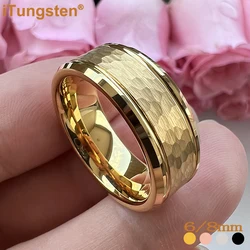 iTungsten 8mm Hammered Tungsten Carbide Ring Men Women Engagement Wedding Band Trendy Jewelry Beveled Edges Comfort Fit