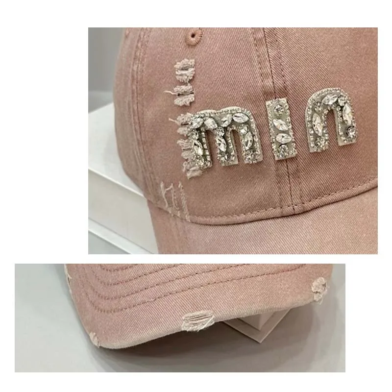 Topi Baseball Gaya Amerika dengan Kristal, Model Snapback untuk Wanita, Cocok untuk Jalan-Jalan, Bahan Denim Acid Wash, Model Visor