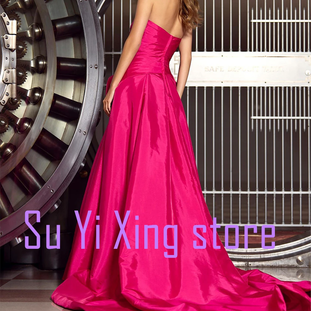 Customized  Classic Pure Pink Satin Strapless Evening Dress Sexy A-Line Side Slit Sleeveless Pleats Sweep Train for Pr