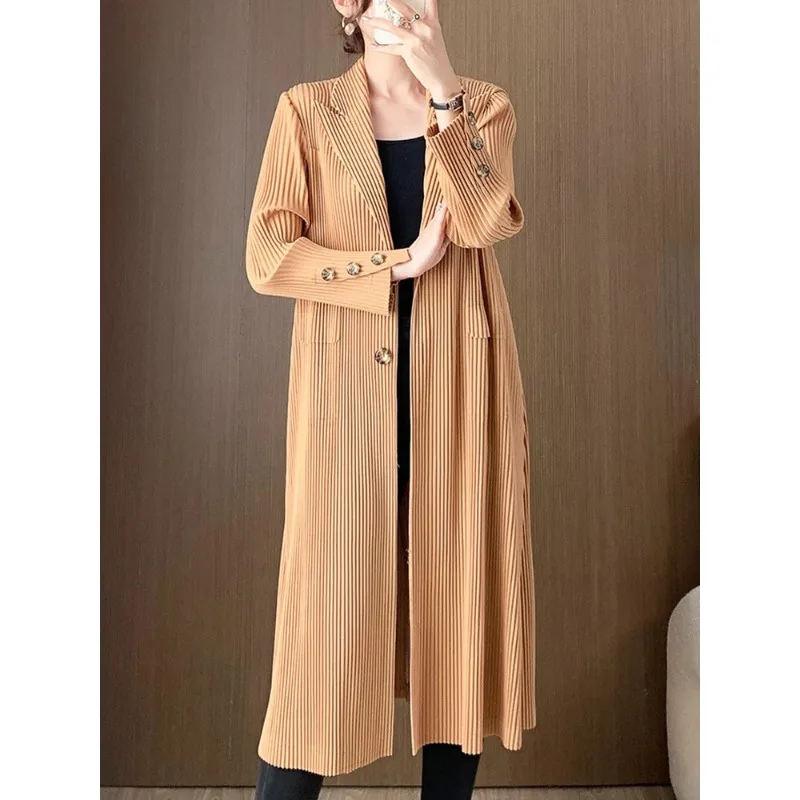 

Miyake Fashion Pleated Mid Length Trench Coat Women Notched Collar Single Breasted Solid Windbreaker 2024 Spring New Clothing