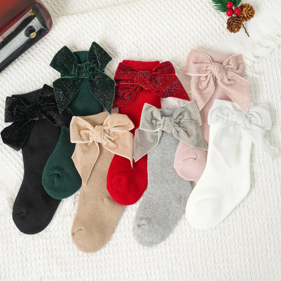 Winter Baby Girls Warm Thicken Socks Children Big Bowknot Short Sock Soft Cute Kids Christmas Cotton Solid Socken For 0-5Years