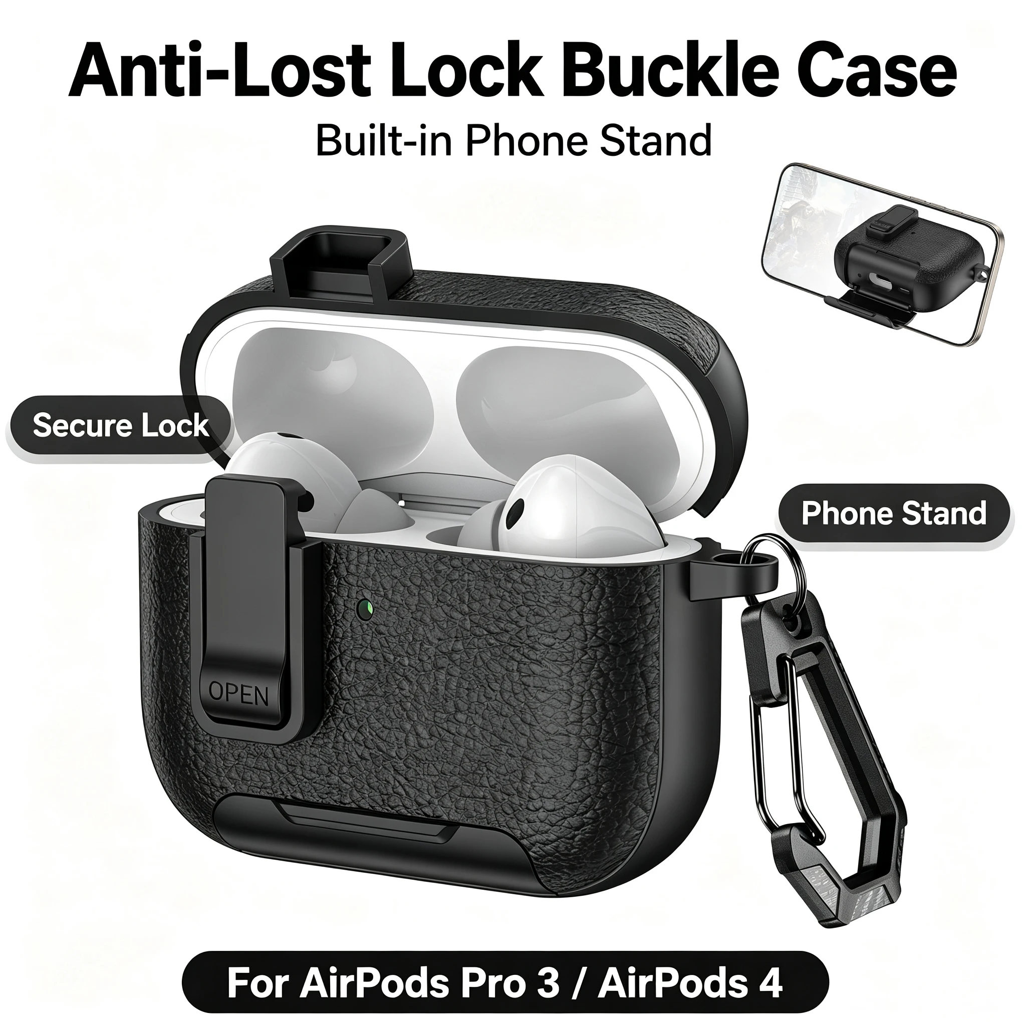 AirPods Pro3 AirPods5 Protective Case, Anti-Lost Lock + Phone Stand, Charge Without Taking Off Shell, Free Cleaning Tool