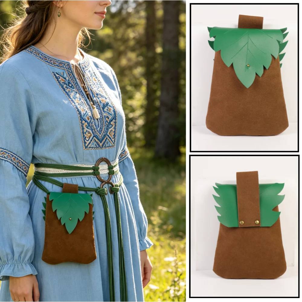 Mittelalterliche Gürteltasche aus Retro-PU-Leder mit Elfenblatt und Kupfermünze, Gürtelzubehör, Renaissance-Kostümgürtel, Requisiten