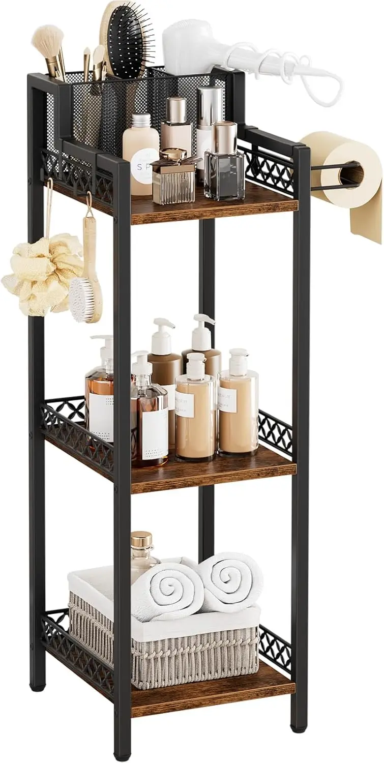 

3-Tier Narrow Metal Shelf with Toilet Paper Holder, 9.85in Wide, Rustic Brown, for Bathroom, Kitchen, Laundry