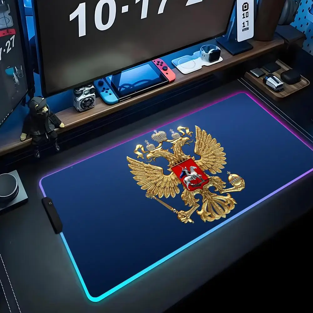 

Коврик для мыши с российским эмблемой, RGB-подсветкой, большой игровой коврик для мыши, светящийся коврик для ПК, настольный коврик, большой коврик для клавиатуры, коврик для стола