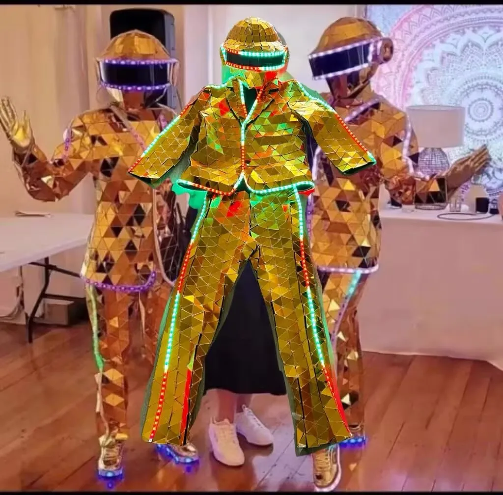LED مرآة روبوت البدلة رجل قناع زجاجي ديسكو توهج الكبار زي المرحلة فستان أداء هالوين تأثيري عيد الميلاد الملابس الذهب