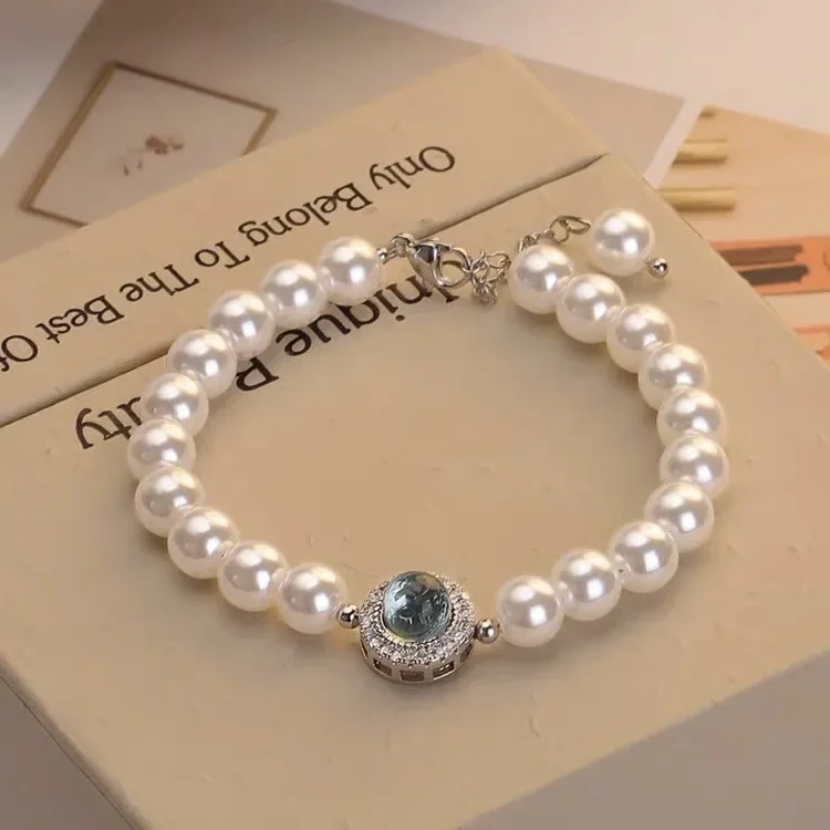 Pulsera de perlas de circón azul de Plata de Ley 925 para mujer, brazalete francés Vintage de lujo, joyería de moda para fiesta, regalos de vacaciones