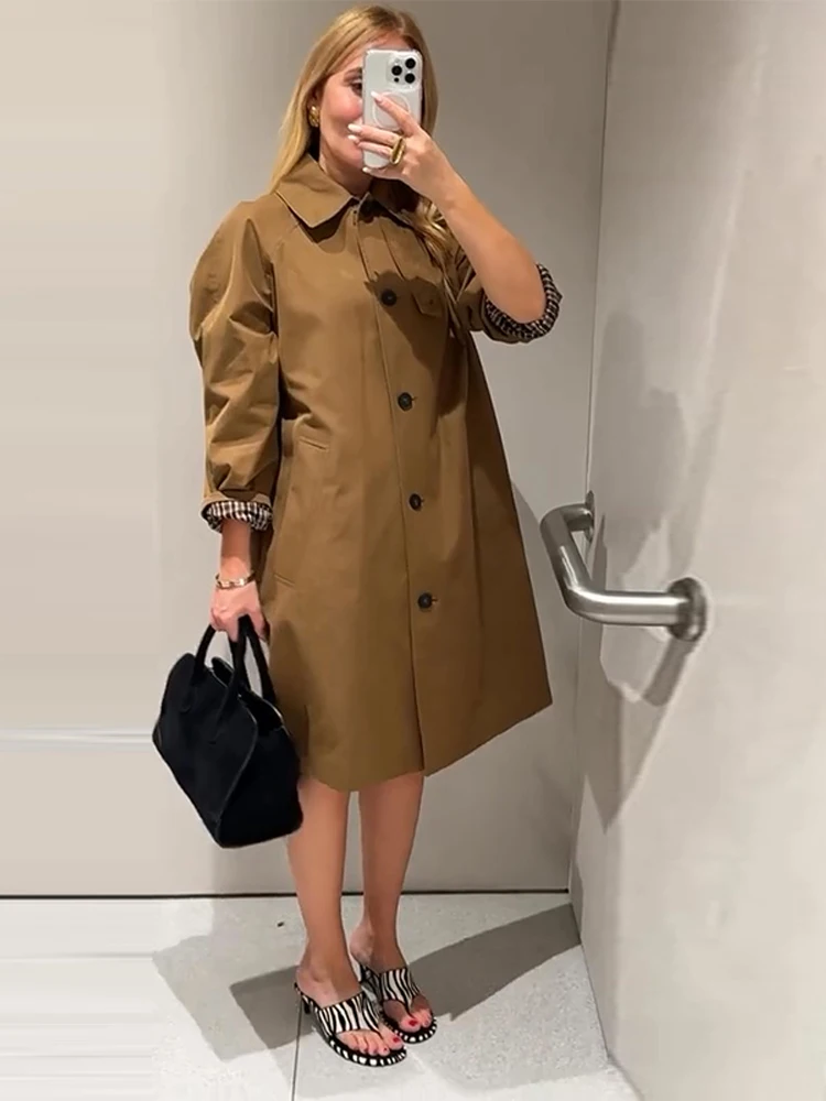 

Винтажный длинный плащ, женский осень 2024, новая мода, отложной воротник, карманы, длинный рукав, свободные куртки на пуговицах, ветровка