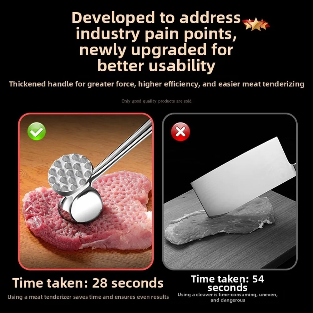 Stainless Steel Meat Tenderizer Hammer with 19 Large 37 Small Spikes for Breaking Down Fibers and Enhancing Marinade Absorption