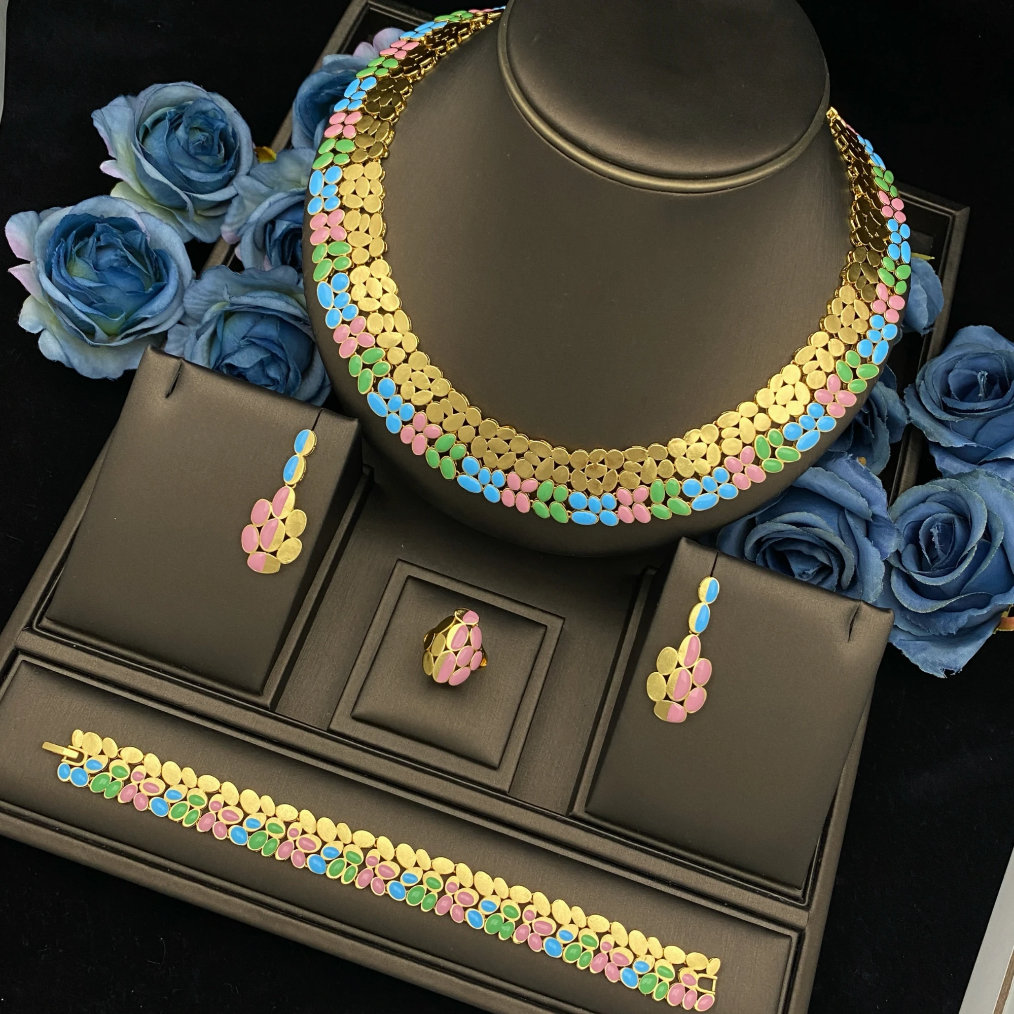 

Falair 4PCS Multicolor Enamel Floral Zircon Jewelry Set Necklace Earrings Bracelet Ring Luxury Complete Gift for Women