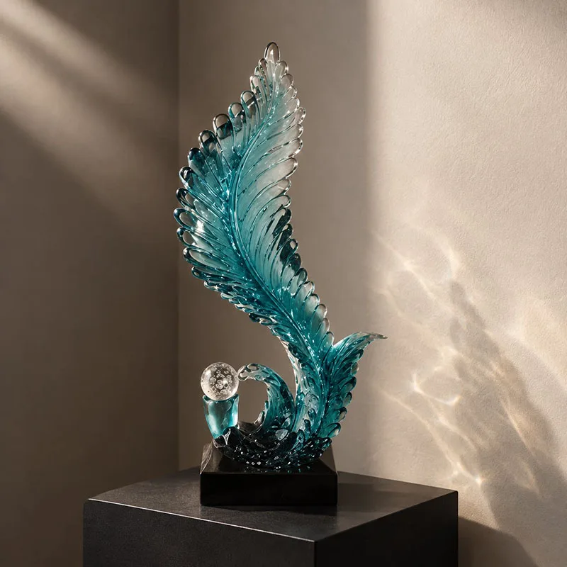 Home Decor Glass Feather Sculpture Modern Art Tabletop Ornaments Living Room TV Cabinet Entrance Decor Statue Housewarming Gifts