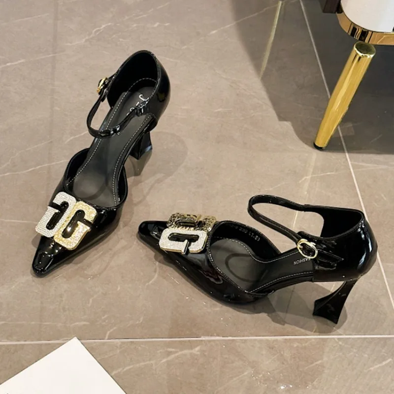 2024 Summer New Luxury Metal Buckle Patent Leather Pointed Super High Heels Fashion Party Chunky Sexy Women's Shoes
