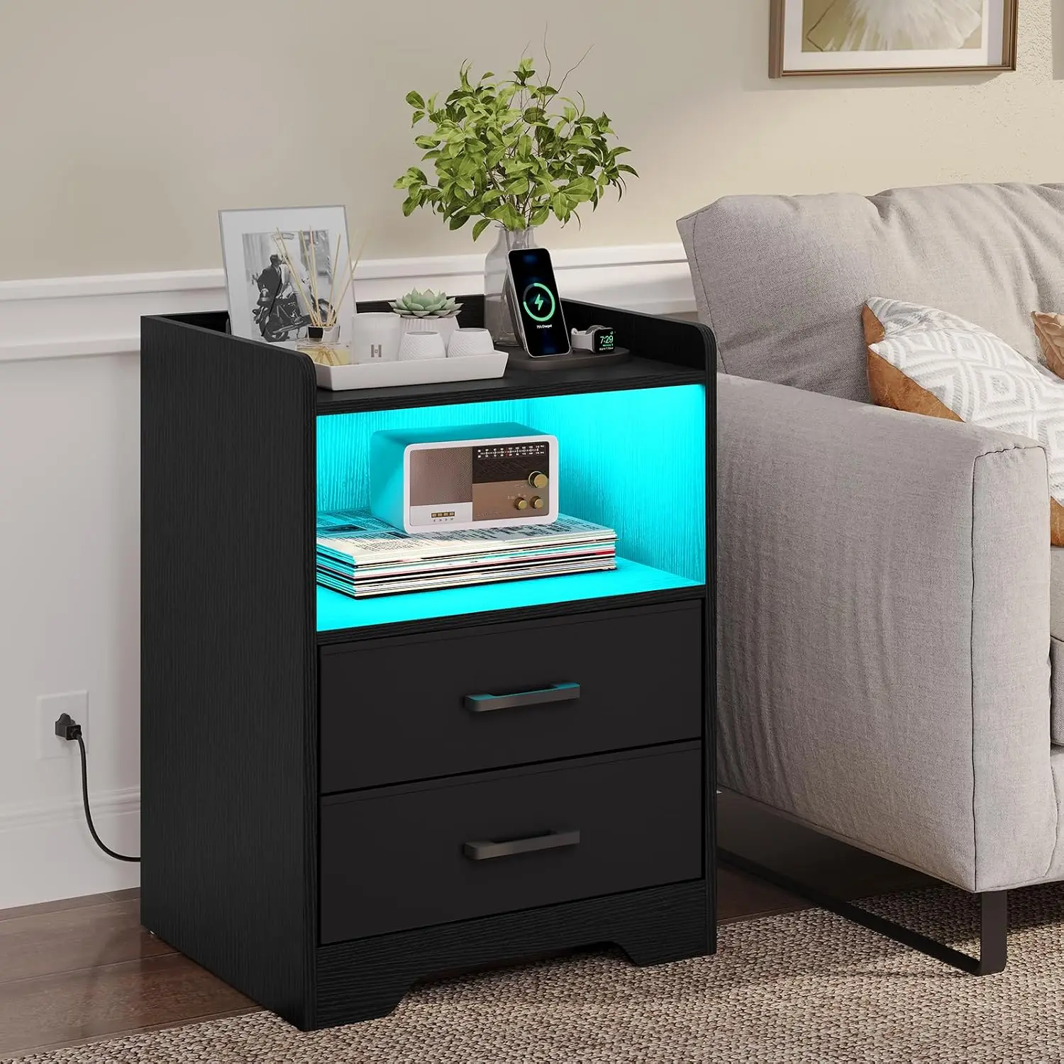 Nightstand Set of 2 with LED Light & Charging Station, Modern Bedside Table with 2 Fabric Drawers, Black Bedroom Table, Customiz