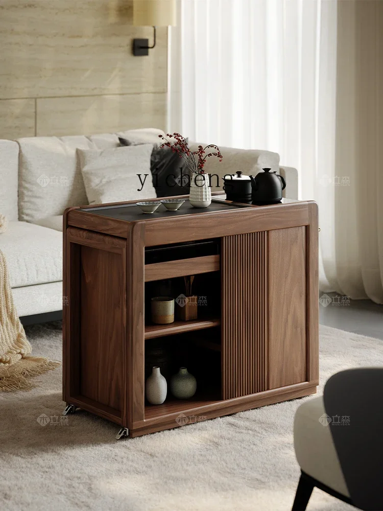 v9.9-Black Walnut Tea Cart Mobile Side Table Living Room Household Solid Wood Tea Table Balcony Tea Table