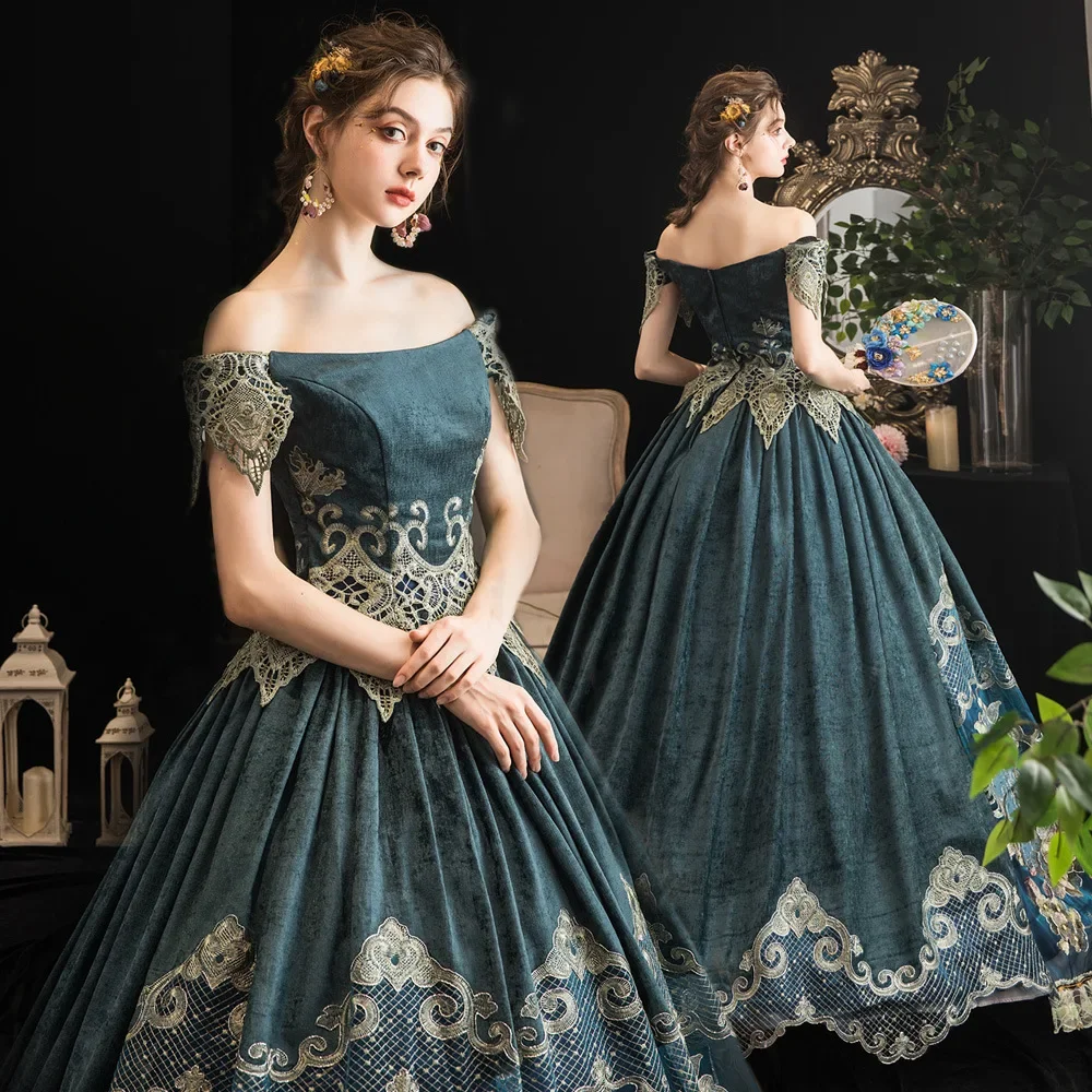 Medieval Elizabeth Gothic Victorian Princess Queen Dress Off Shoulder Court Noble Palace Party Masquerade Ball Gown Bride Dress