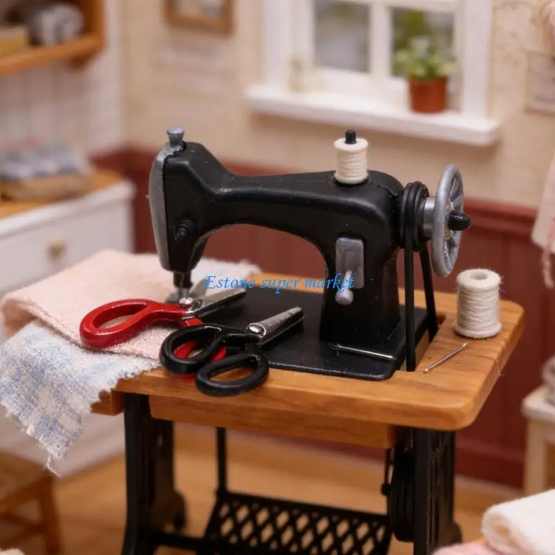 

090B Miniature Dollhouses Nostalgic Sewing Machine Set Ornament for Art Collectors and Classical Interior Styling
