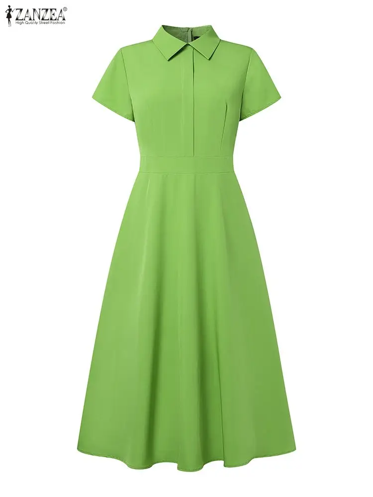 ZANZEA Elegant Short Sleeve Lapel Neck Office Sundress Women 2025 Summer Dress Stylish Solid OL Work Midi Dresses Waisted Robe
