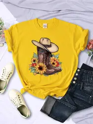 Cartoons Women T-Shirts Cowboy Riding Boots & Sunflowers Printed Tees O-Neck Comfortable Soft Short Sleeve Summer Female Clothes