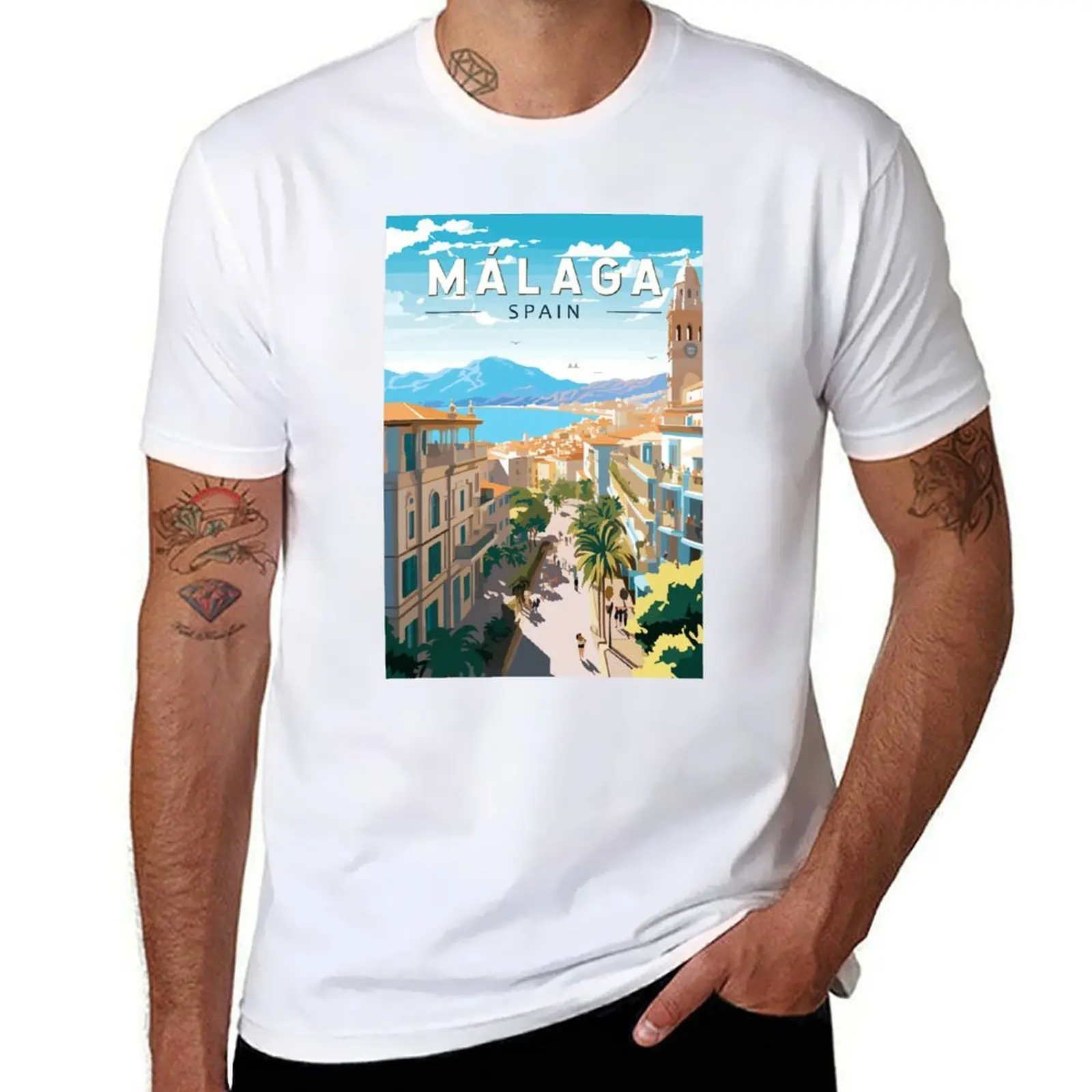 

Malaga Spain Travel Art Vintage T-Shirt printed t shirts for man men t shirt cotton 100% T-Shirt