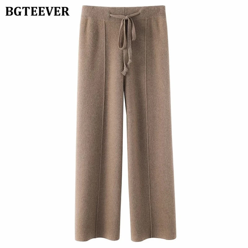 BGTEEVER Chic Casual Lace-up donna pantaloni dritti lavorati a maglia autunno inverno vita alta sciolto femminile solido gamba larga maglioni pantaloni