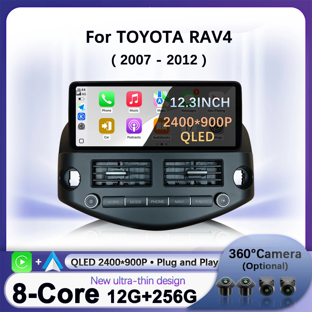For TOYOTA RAV4 2007-2012 Android16 Wireless CarPlay Wired Auto Navigation GPS Car Multimedia Player DSP Stereo 4G WiFi BT12.3