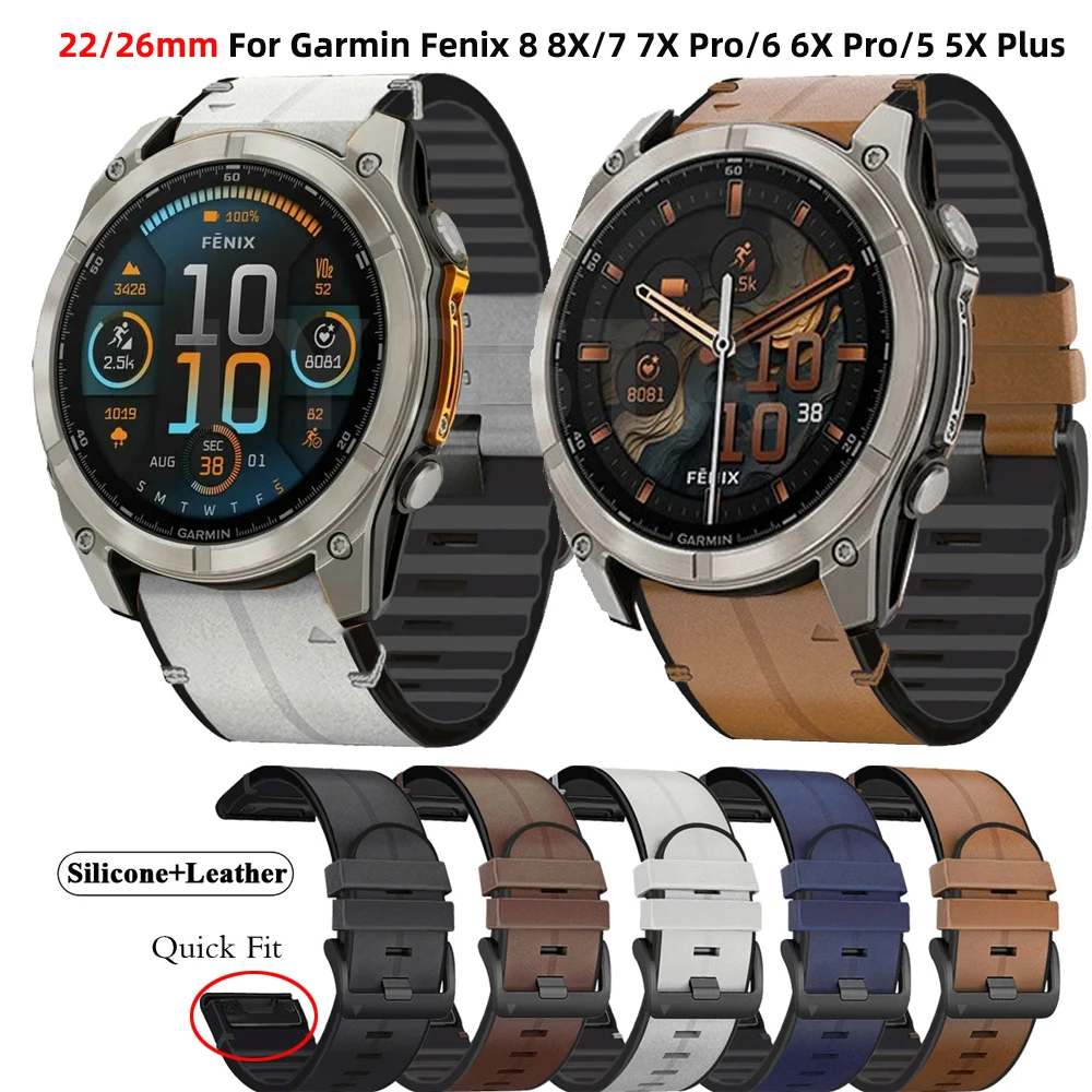 

22 26 мм кожаные + силиконовые ремешки для Garmin Fenix 8 7X 7 Pro 47 мм 51 мм 6X 6 Pro 5X 5 Plus Smartwatch Easyfit браслет ремешки для часов