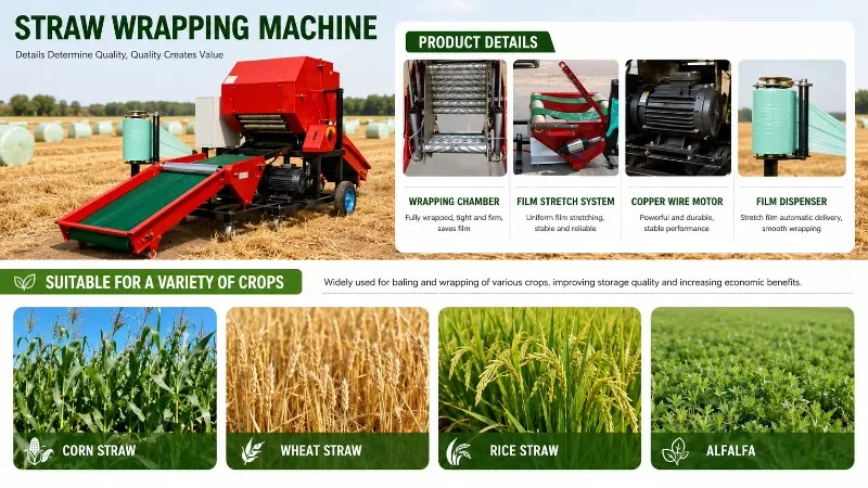 Automatic Bale Wrapping Baler Machine Forage Grass Silage Food Grade Electric Driven Engine Bearing PLC Pump Bags
