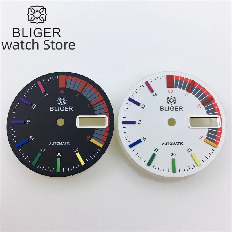 BLIGER 29MM dial hitam putih, indeks multiwarna untuk NH36 NH36A gerakan