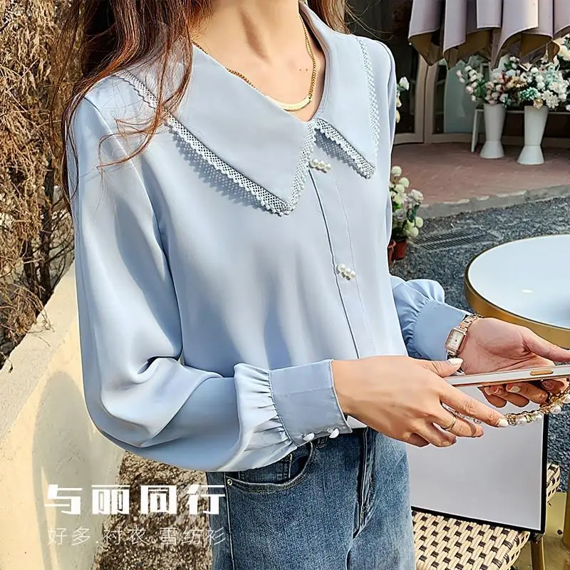 Spring Autumn New Fashion Doll Collar Long Sleeve Blouse Women High Street Casual Button Pullovers Vintage Elegant All-match Top