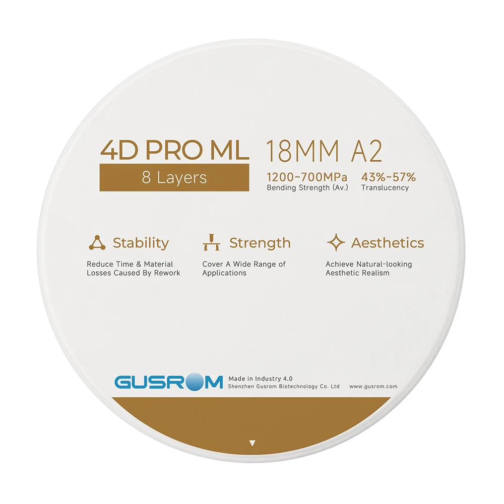 GUSROM 4D PRO ML Multilayer Zirconia Block 98mm Dental CAD CAM Disc 8 Layers 43-57% Translucency 1200MPa A2 for Crown Bridge