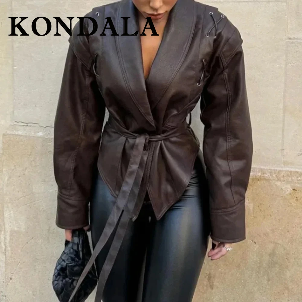 

KONDALA, осенние женские коричневые куртки из искусственной кожи в стиле ретро, пальто на одной пуговице на шнуровке, куртка с тонкими поясами, модная женская повседневная верхняя одежда 2025 г.