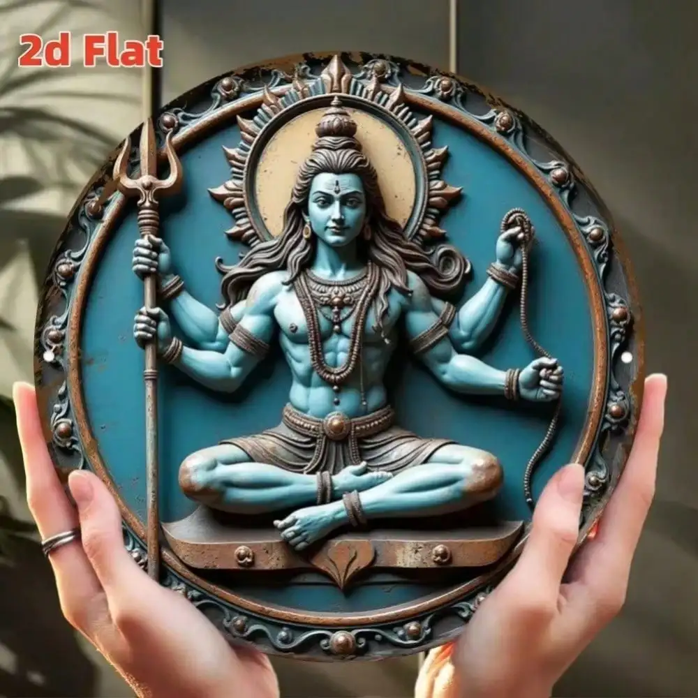 ZenithArt Hindoe Standbeeld Muur Decor Driehandige Godheid Sculptuur Metalen Ronde Beeldje