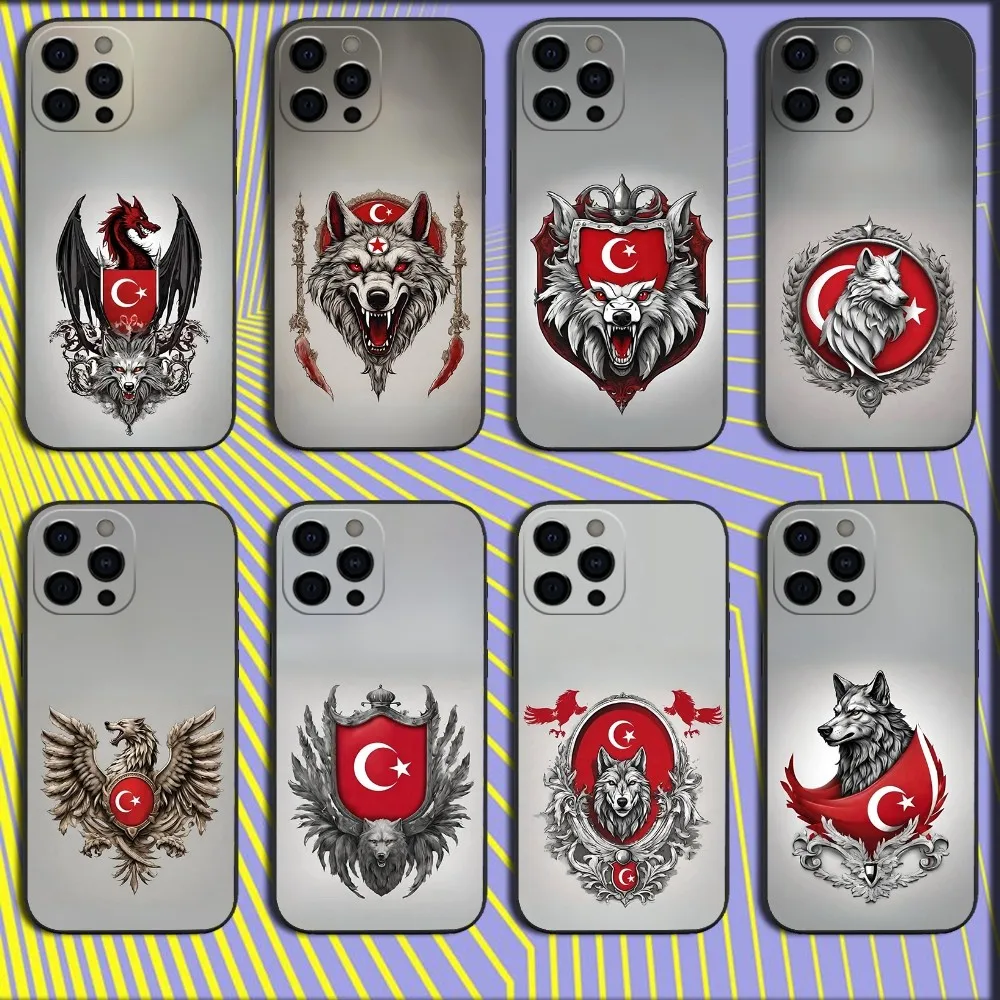 Turk Wolf Turkey Flag Phone Case For iPhone 16,15,14,13,12,11,Pro,X,XS,Max,XR,Plus,Mini Soft Black Cover