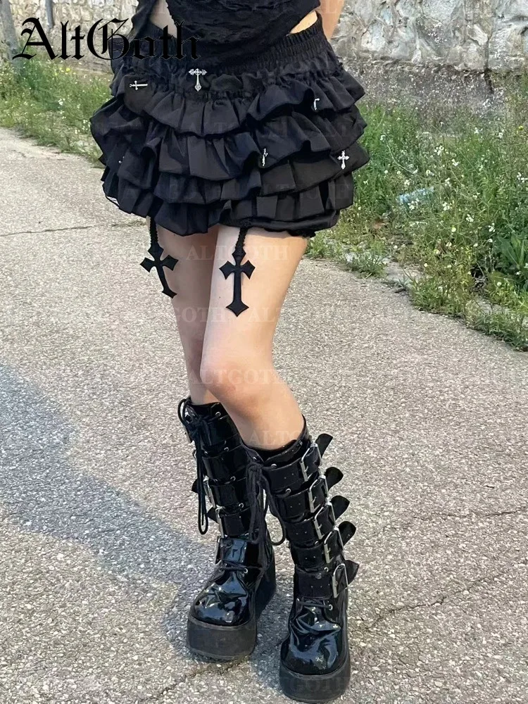AltGoth Hotsweet Kawaii Gothic Cake Shorts Skirt Women Dark Cyber Punk Harajuku Grunge Y2k E-girl Cross Patchwork Shorts Female