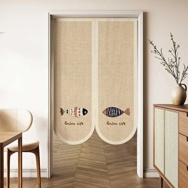 Japanese Retro Small Fish Door Curtain Enjoy Life Text Print Curved Hem Home Use No Punching Room Cover Decorative Curtain