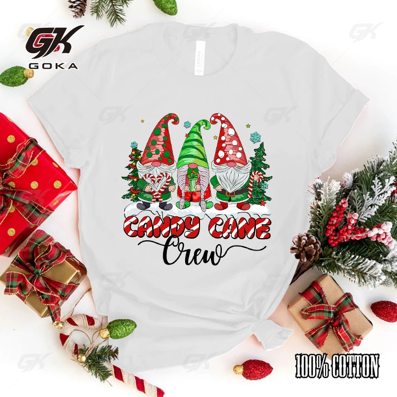 Christmas Gnome Candy Cane Crew Printed T-Shirts Women Girl Unisex Casual Loose Round Neck Creative Personalized top