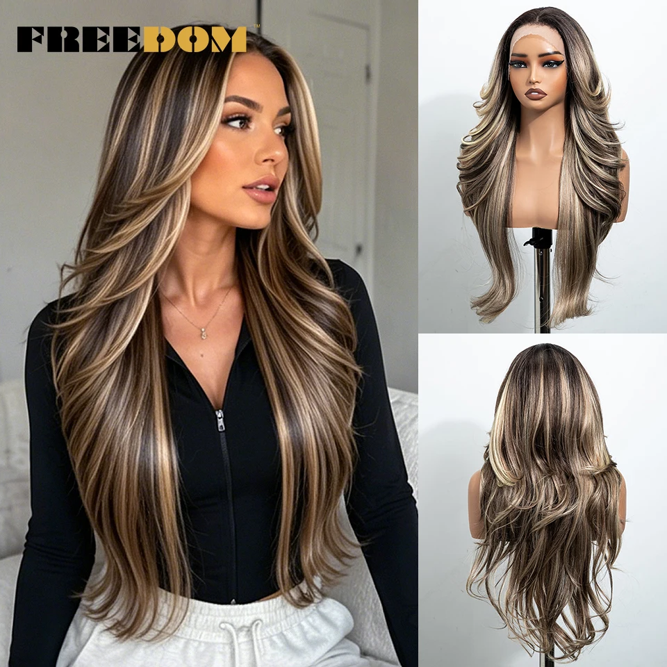 FREEDOM Synthetische Lace-Front-Perücken für schwarze Frauen, 28 Zoll, 13x4, vorgezupft, geschichtet, Ombre Braun Blond Highlight, Perücken für den täglichen Gebrauch – Detail 10