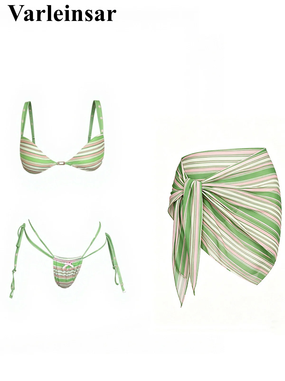 With Sarong Striped Bikini Female Swimsuit Women Swimwear Three-pieces Bikini Set Strappy Padded Bather Bathing Suit Swim V8453