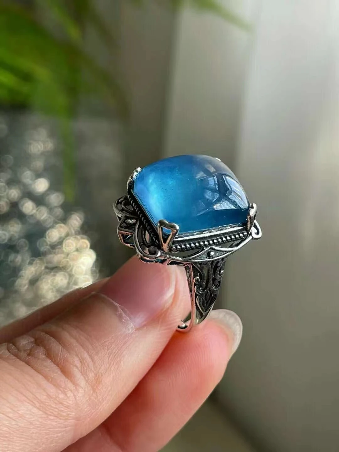 Natural Blue Aquamarine Ring Adjustable Ring 925 Sterling Silver 22.6*18.2*12.2mm Clear Bead Aquamarine Ring Jewelry AAAAAA