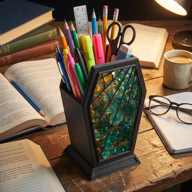 

Готический держатель для ручек в форме гроба с бирюзовым глиттером и принтом под витраж из золотой фольги, настольный органайзер для ручек и кистей для макияжа, декор в стиле ведьм.