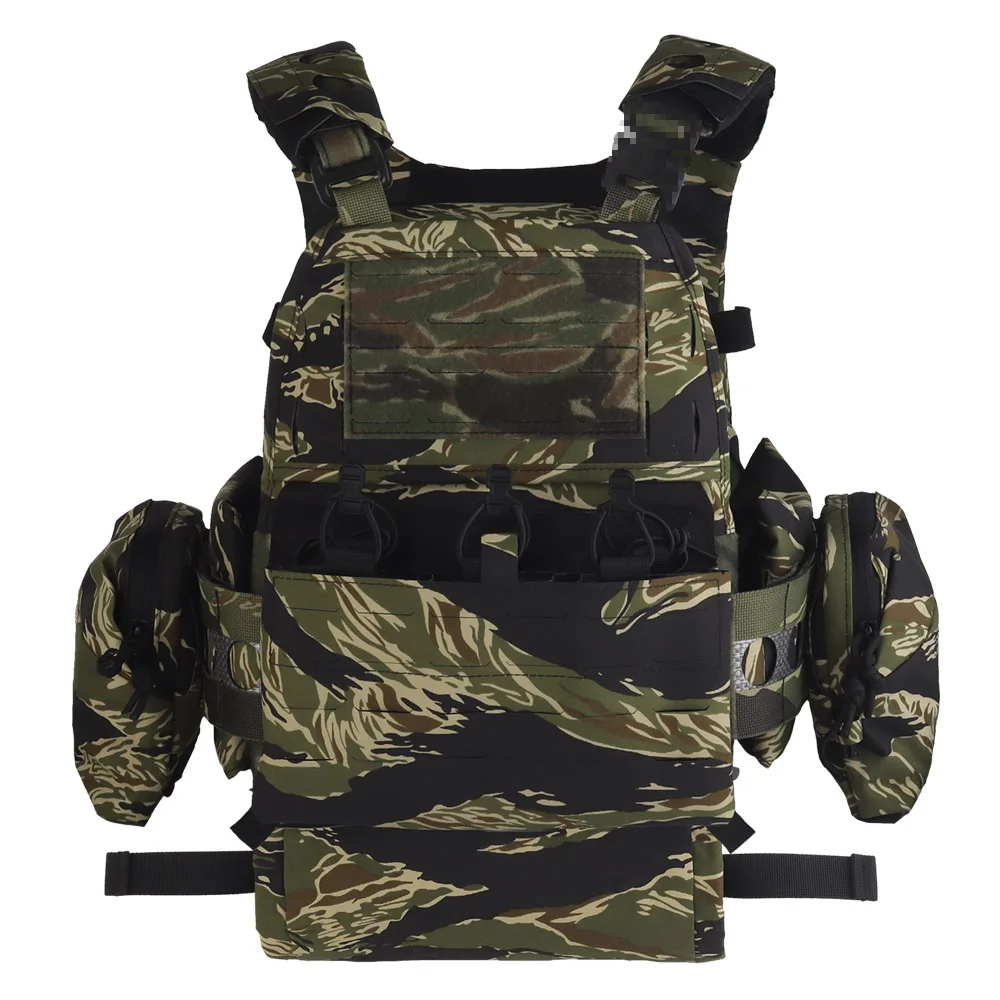 Ferro Style V5 FCPC Plattenträger Tiger Stripes/Woodland Camouflage Set mit IFAK Roll 1, Trauma-Tasche, Seitentasche, Triple Mag Pouch